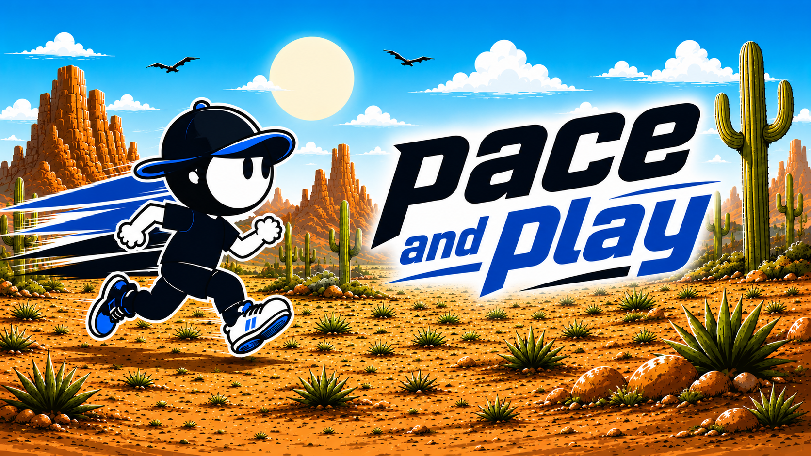 Pace and Play desert landscape with running mascot and Pace and Play wordmark